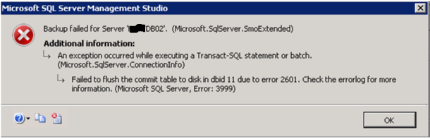 номер ошибки 2601 sql error